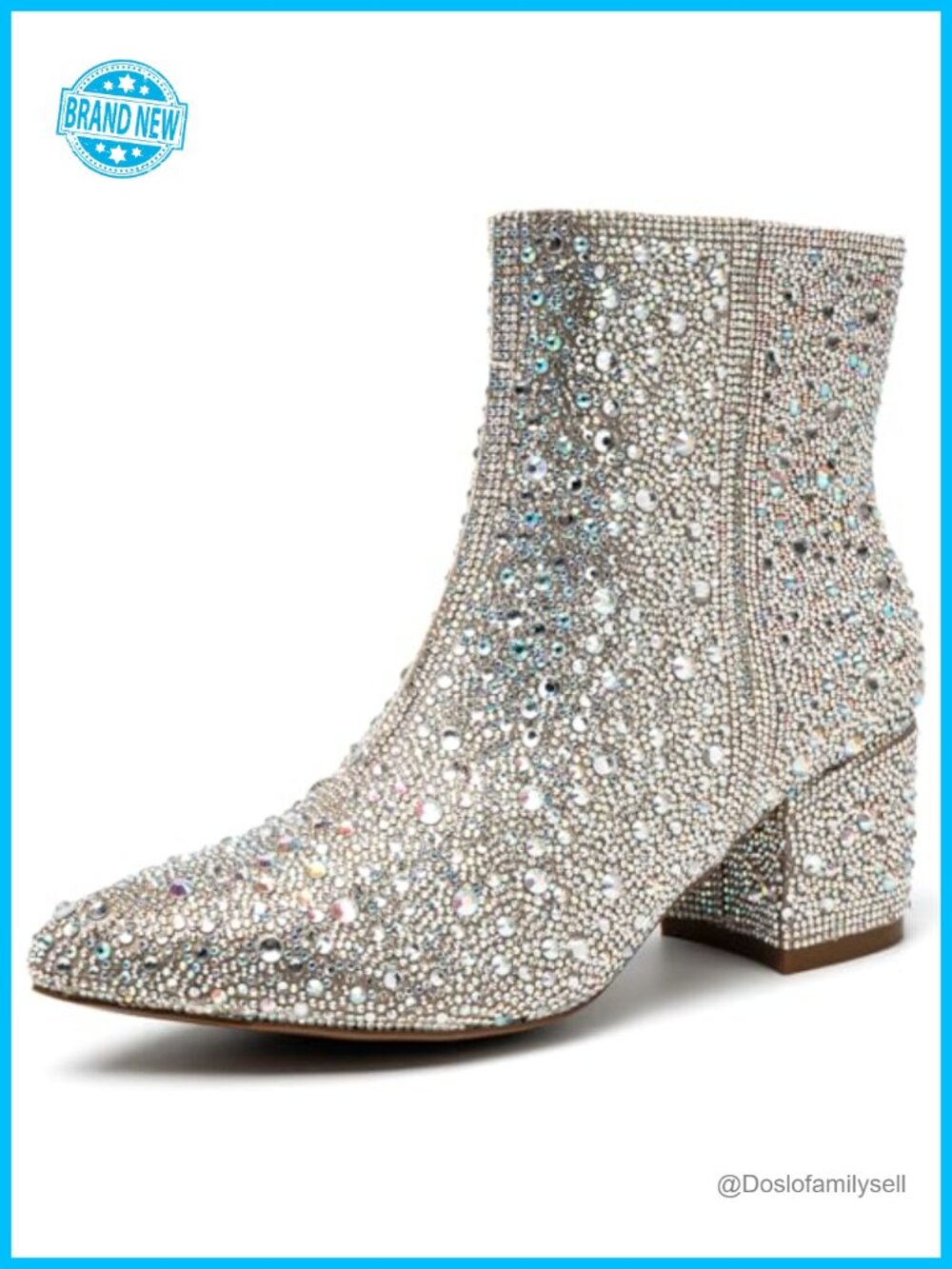 Rhinestone Sparkly Ankle Boots Pointed Toe Chunky Heel Women's Booties